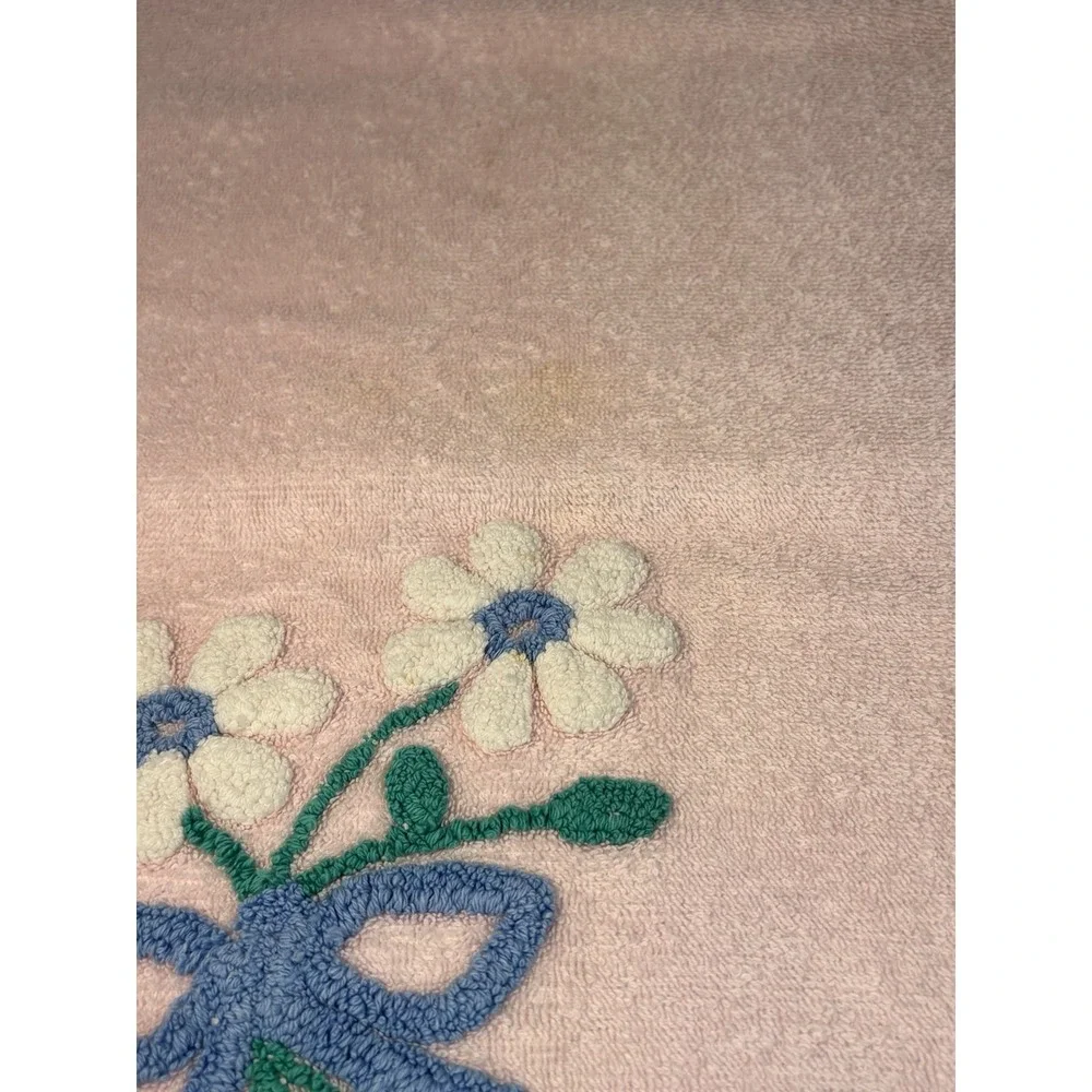 Vintage Martex Embroidered Floral Pink Terry 2pc Hand Towel & Washcloth 70's